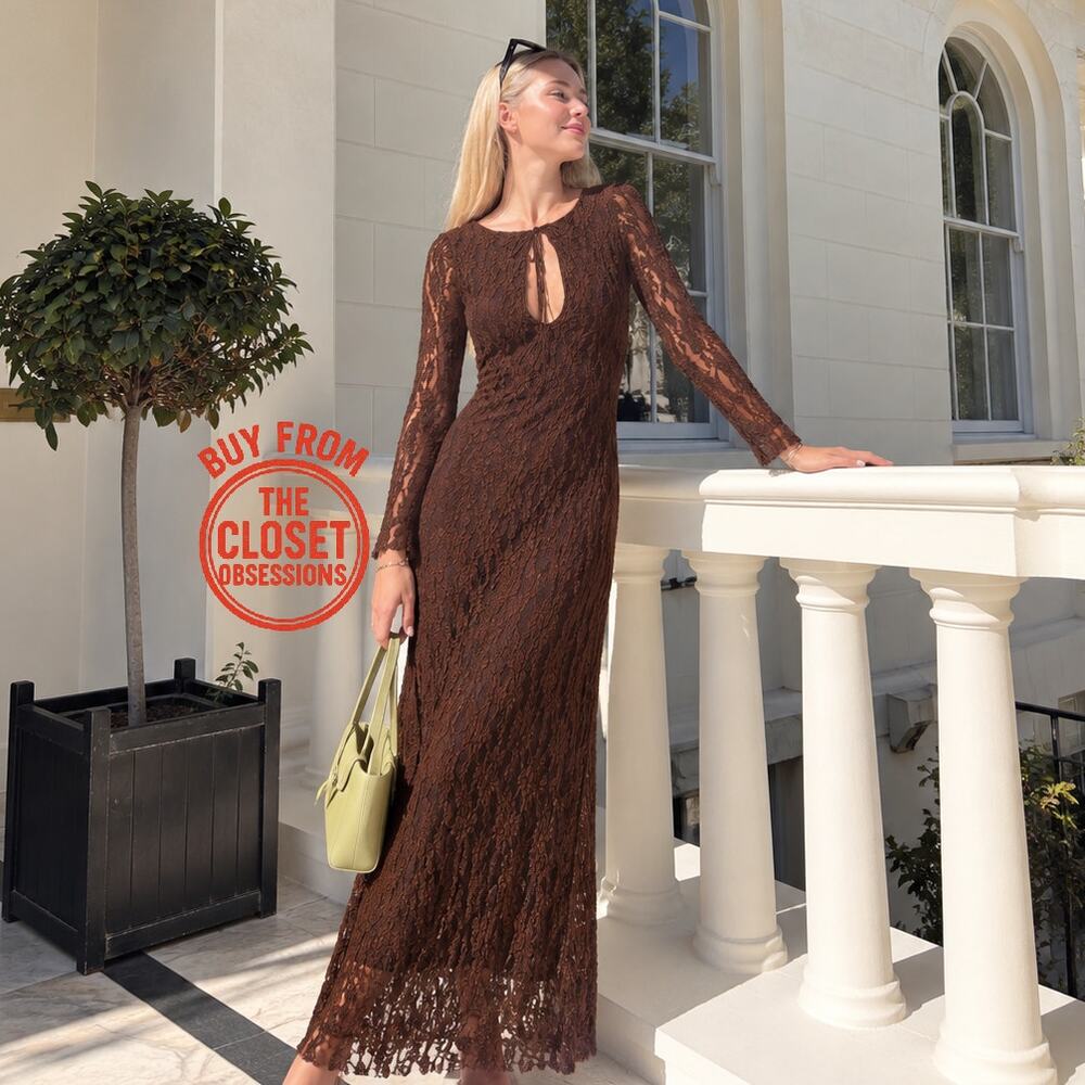 Zara Brown Lace Maxi Dress Elegant Evening Gown NWT